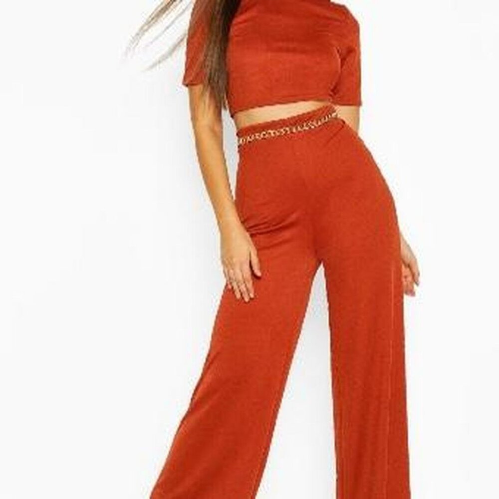 Boohoo Women’s Rust Orange Crop Top Wide Leg Pants Co-Ord Set Size US 6
